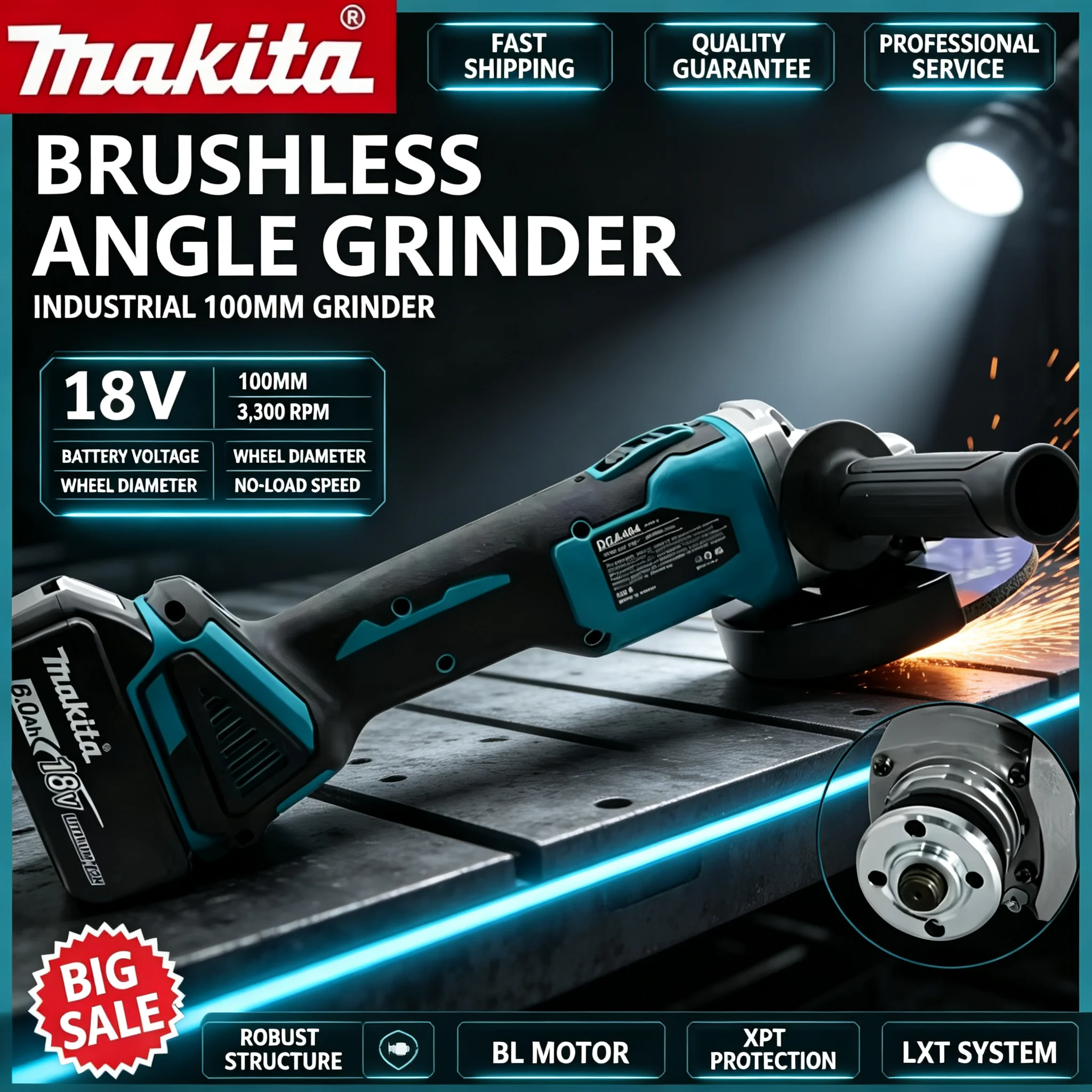 Brushless Angle Grinder Battery Powered - 100 mm Yüksek Güçlü Makita DGA404